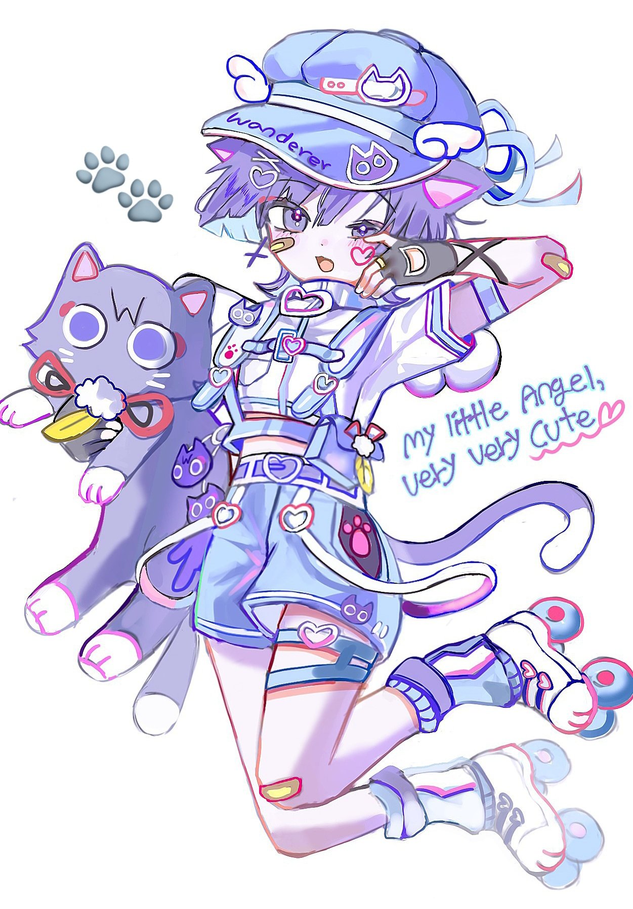 1boy, alternate_costume, angel_wings, animal_ears, animalization, arm_up, asymmetrical_footwear, bandaid, bandaid_on_arm, bandaid_on_face, belt, black_gloves, blue_hair, blue_hat, blue_shorts, blue_socks, blue_trim, blunt_ends, blush, cabbie_hat, cat_ears, cat_face_sticker, cat_tail, ckiows, colored_inner_hair, english_text, facial_mark, fingerless_gloves, genshin_impact, glove_cutout, gloves, hat, heart, heart_belt_buckle, heart_facial_mark, highres, holding, holding_stuffed_toy, inline_skates, male_focus, multicolored_hair, open_mouth, paw_print, person_and_animalization, purple_belt, purple_hair, roller_skates, scaramouche_(cat)_(genshin_impact), scaramouche_(genshin_impact), shirt, shorts, skates, socks, solo, sticker, stuffed_animal, stuffed_toy, suspenders, tail, thigh_strap, tongue, turtleneck, turtleneck_shirt, uneven_eyes, violet_eyes, white_background, white_belt, white_footwear, white_shirt, white_socks, wings