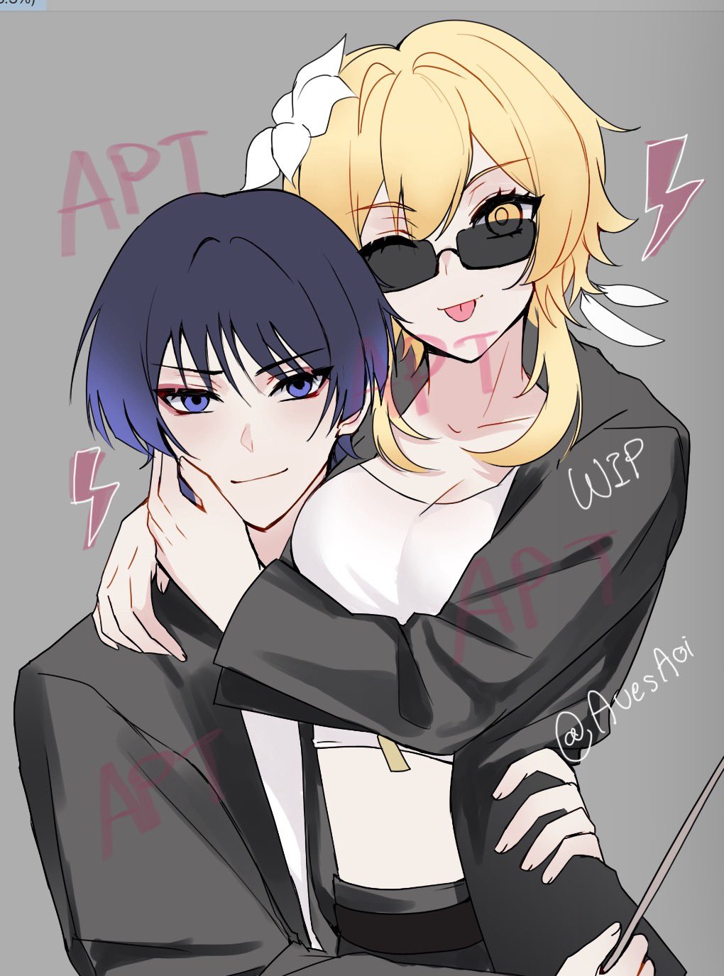 1boy, 1girl, alternate_costume, apt._(rose_&amp;_bruno_mars), arms_around_neck, avesaoi, black_jacket, black_sleeves