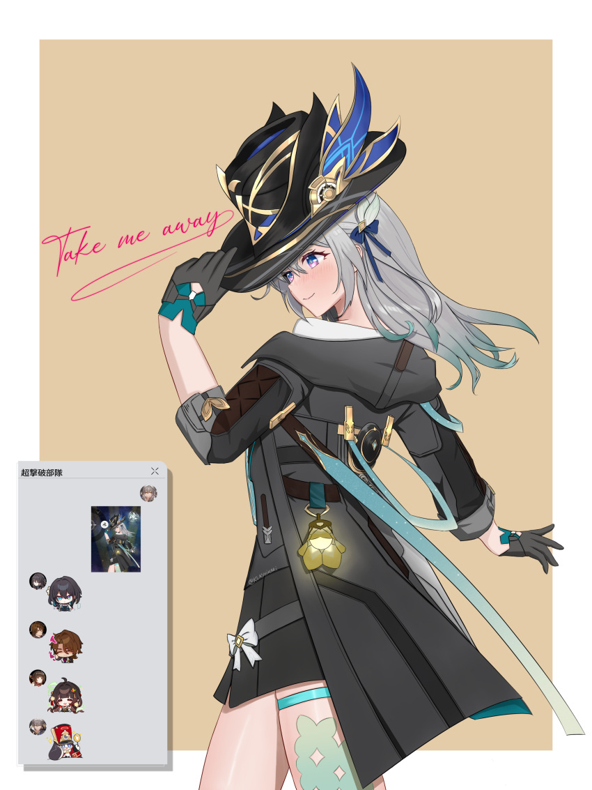 1girl, absurdres, adjusting_clothes, adjusting_headwear, alternate_costume, black_gloves, black_hat, black_jacket, black_skirt, border, brown_background, chat_log, closed_mouth, commentary_request, cosplay, cowboy_shot, english_text, firefly_(honkai:_star_rail), from_behind, gallagher_(honkai:_star_rail), gloves, grey_hair, hair_ornament, hand_up, hat, highres, honkai:_star_rail, honkai_(series), jacket, klashikari, light_blush, lingsha_(honkai:_star_rail), long_hair, outside_border, pom-pom_(honkai:_star_rail), ruan_mei_(honkai:_star_rail), shirt, simple_background, skirt, smile, solo, stelle_(honkai:_star_rail), stelle_(honkai:_star_rail)_(cosplay), thigh_strap, trailblazer's_hat_(honkai:_star_rail), trailblazer_(honkai:_star_rail), twitter_username, two-tone_eyes, white_border, white_shirt