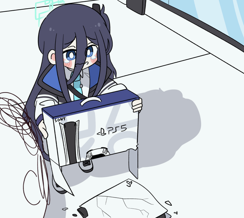 1boy, 1girl, aqua_halo, aris_(blue_archive), black_hair, blue_archive, blue_eyes, blue_necktie, blush_stickers, box, bright_pupils, doodle_sensei_(blue_archive), game_console, hair_between_eyes, halo, hanasii, highres, holding, holding_box, jacket, long_hair, long_sleeves, necktie, playstation_5, rectangular_halo, sensei_(blue_archive), shirt, solo_focus, standing, tearing_up, white_jacket, white_pupils, white_shirt