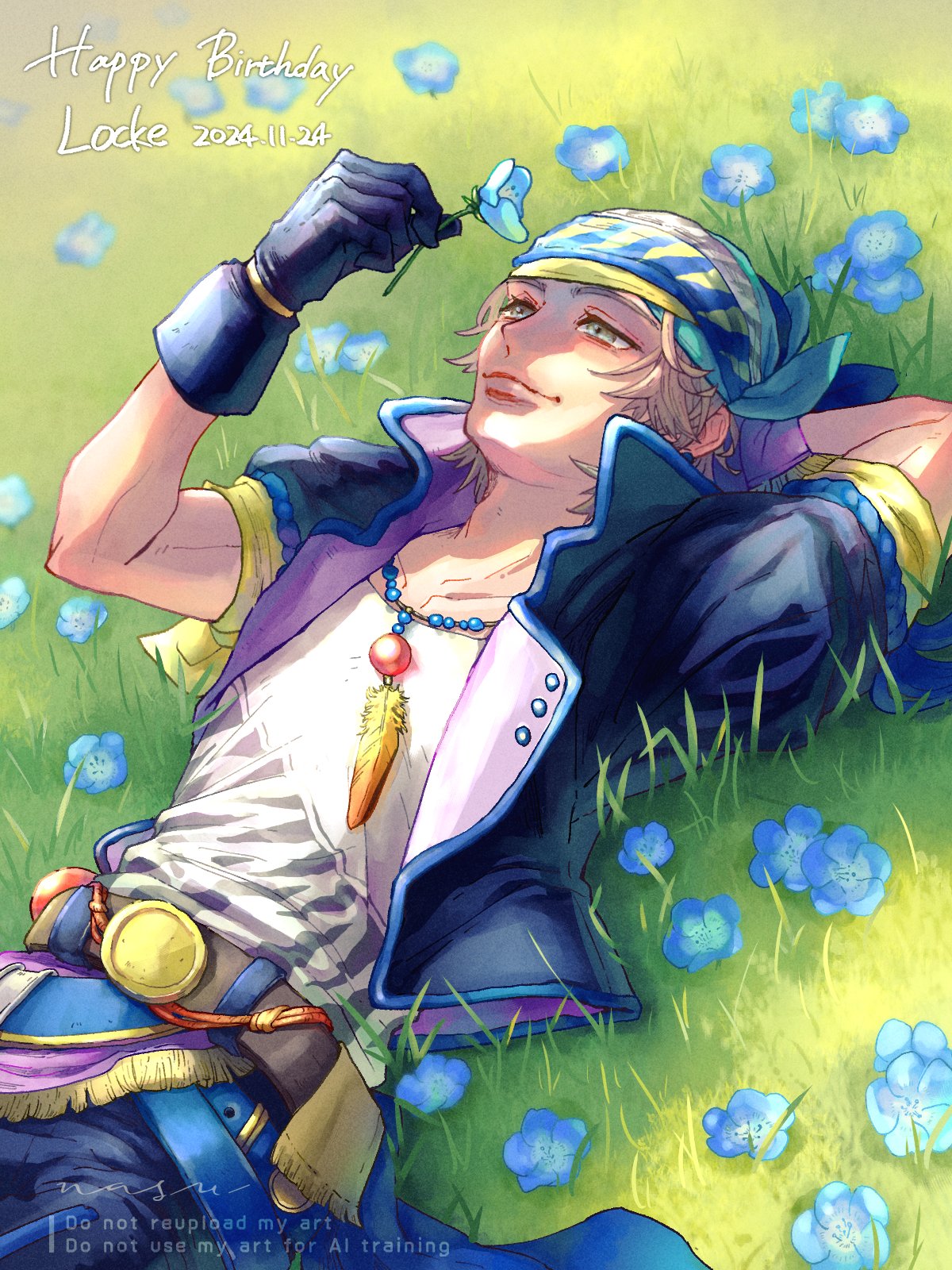 1boy, arm_behind_head, artist_name, belt, black_gloves, black_jacket, black_pants, blue_flower, character_name, dated, eakanasu, final_fantasy, final_fantasy_vi, flower, forget-me-not_(flower), gloves, grass, grey_eyes, grey_hair, happy_birthday, headscarf, highres, holding, holding_flower, jacket, jewelry, locke_cole, lying, male_focus, necklace, on_back, outdoors, pants, parted_bangs, shirt, short_hair, smile, solo, upper_body, white_shirt