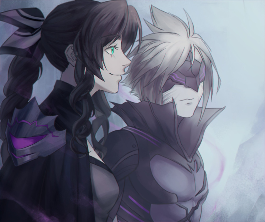 1boy, 1girl, aerith_gainsborough, aerith_gainsborough_(bahamut_robe), armor, black_armor, black_capelet, blonde_hair, bodystocking, braid, braided_ponytail, breasts, brown_hair, capelet, cloud_strife, cloud_strife_(bahamut_garb), eye_mask, facial_mark, final_fantasy, final_fantasy_vii, final_fantasy_vii_ever_crisis, green_eyes, grey_background, hair_ribbon, highres, liunennim, long_hair, looking_at_another, medium_breasts, official_alternate_costume, parted_bangs, popped_collar, ribbon, short_hair, shoulder_armor, sidelocks, single_braid, smile, spiky_hair, upper_body