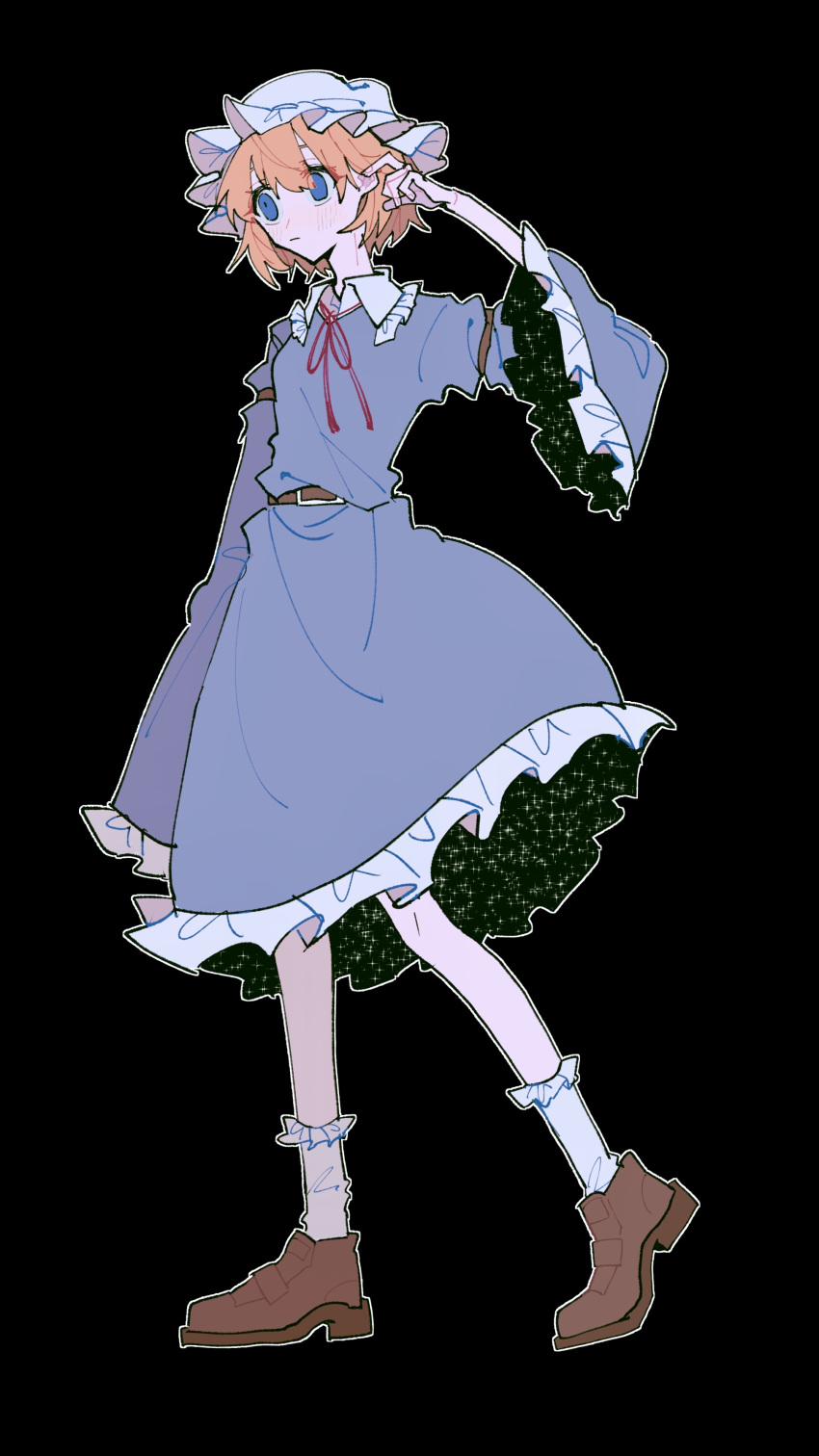 1girl, absurdres, adjusting_hair, ankle_socks, belt, belt_buckle, black_background, blonde_hair