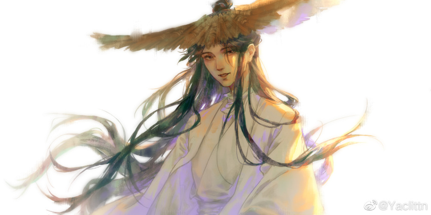 1boy, black_hair, brown_eyes, chinese_clothes, chinese_commentary, hair_bun, hanfu, hat, highres, long_hair, long_sleeves, looking_at_viewer, male_focus, rice_hat, simple_background, smile, solo, tianguan_cifu, weibo_watermark, white_background, white_hanfu, xie_lian, yaclittn