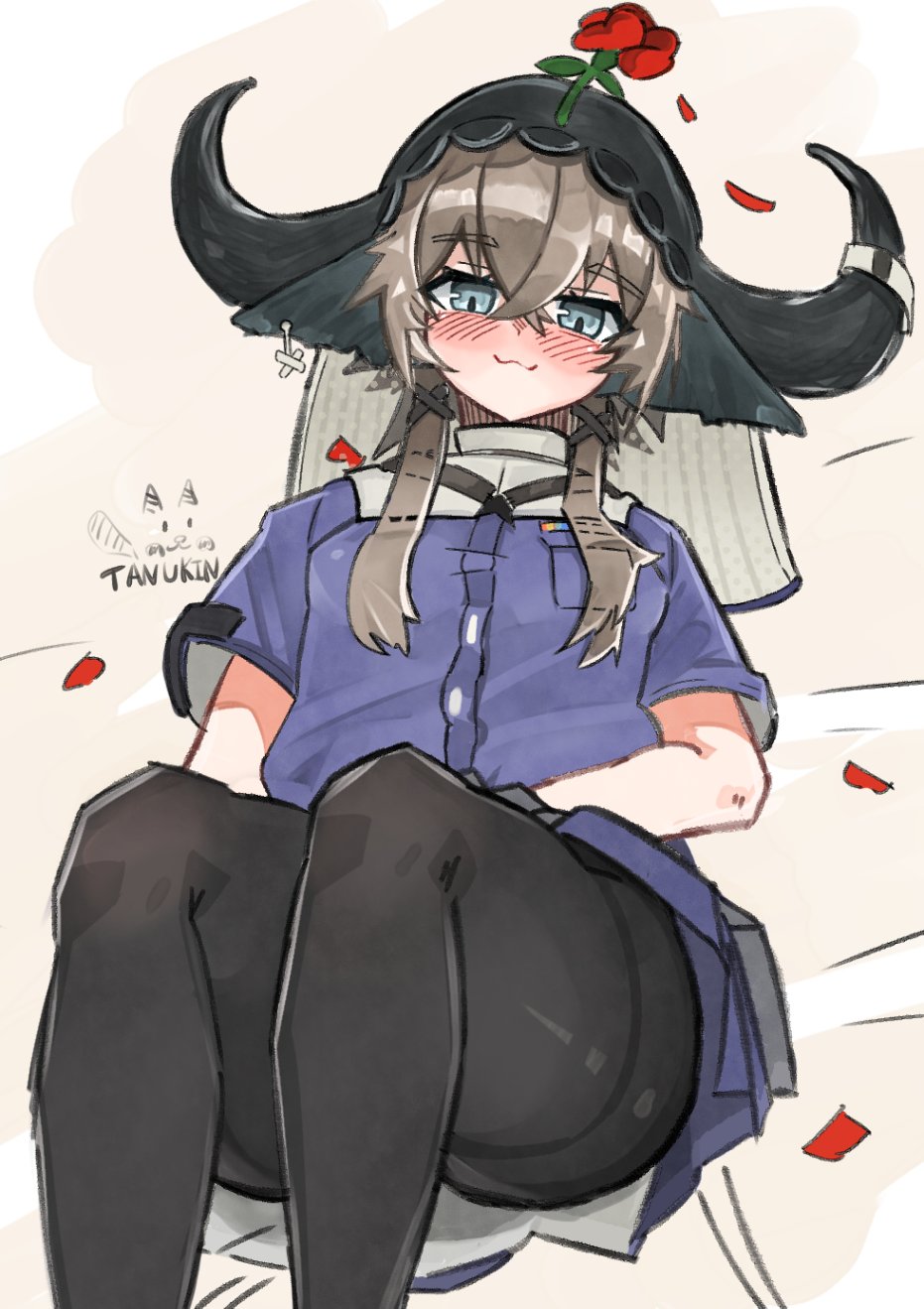 1girl, :3, arknights, black_horns, black_pantyhose, blue_eyes, blush, brown_hair, closed_mouth, crossed_bangs, feet_out_of_frame, flower, hair_between_eyes, hair_ornament, highres, horns, looking_at_viewer, pallas_(arknights), pantyhose, petals, purple_shirt, red_flower, red_rose, rose, rose_petals, shirt, short_hair_with_long_locks, short_sleeves, sidelocks, signature, sitting, smile, solo, tanukin_tv, x_hair_ornament