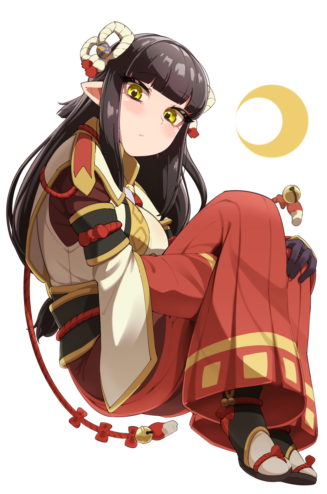 1girl, black_gloves, black_hair, blush, closed_mouth, commentary_request, eyeshadow, gloves, hair_ornament, highres, invisible_chair, japanese_clothes, long_hair, looking_at_viewer, makeup, minoto, mocha_mh, monster_hunter_(series), monster_hunter_rise, pointy_ears, red_eyeshadow, red_skirt, simple_background, sitting, skirt, solo, white_background, yellow_eyes
