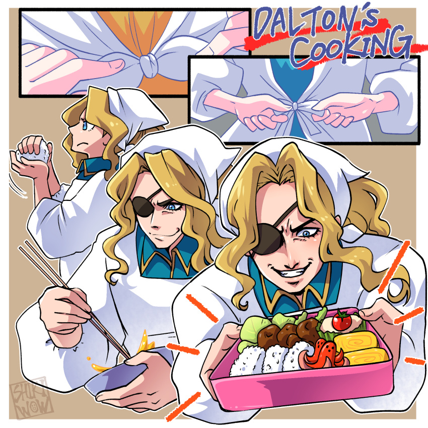 1boy, apron, aqua_shirt, bento, blonde_hair, blue_eyes, border, bowl