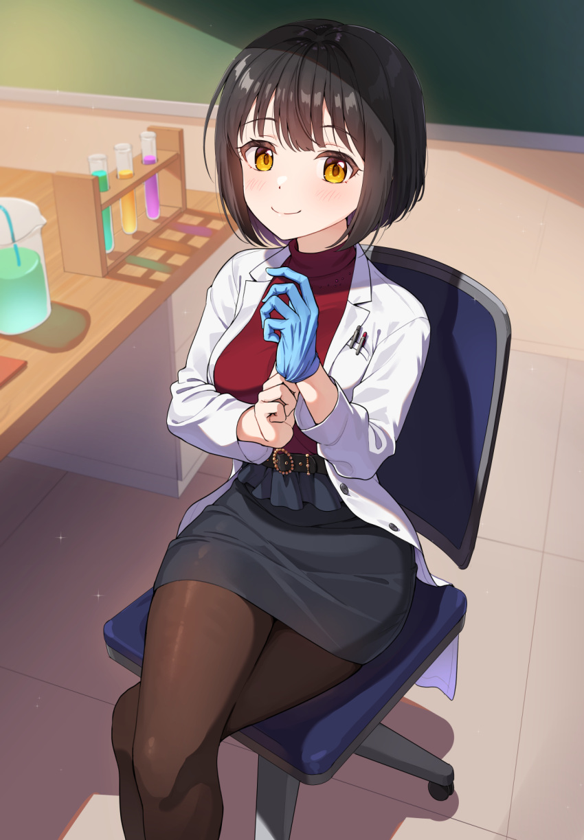 1girl, beaker, belt, black_hair, black_pantyhose, black_skirt, blue_gloves, blush, breasts, chalkboard, chemicals, coat, commission, crossed_legs, glove_pull, gloves, highres, idolmaster, idolmaster_cinderella_girls, kamille_(vcx68), latex, latex_gloves, light_particles, light_rays, looking_at_viewer, on_chair, pantyhose, pen_in_pocket, pencil_skirt, pixiv_commission, red_sweater, rubber_gloves, short_hair, single_glove, sitting, skirt, smile, solo, sweater, table, takafuji_kako, test_tube, white_coat, yellow_eyes