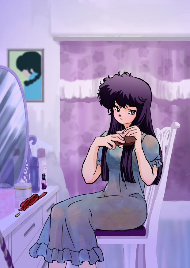 1girl, black_hair, brushing_hair, chair, curtains, dress, feet_out_of_frame, indoors