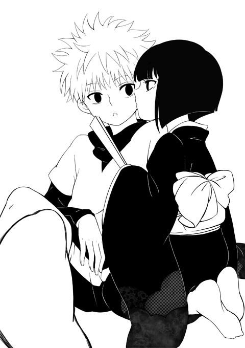 2boys, androgynous, ayame_(artist), black_eyes, black_hair, black_kimono, black_undershirt, blunt_ends