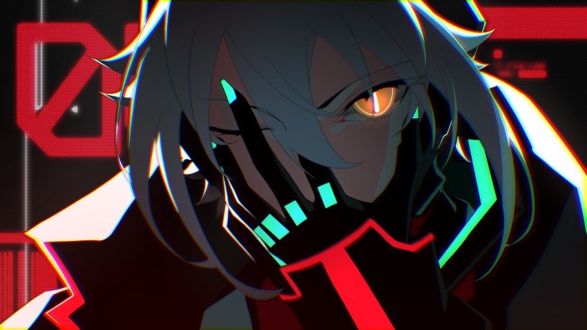 1girl, absurdres, android, aqua_nails, black_jacket, bodysuit, commentary, glowing_nails