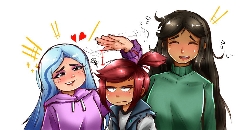 3girls, absurdres, andrea_davenport, blue_hair, brown_eyes, brown_hair, chinmissouri, freckles