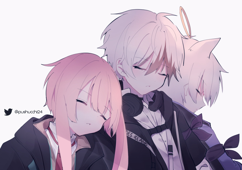 3boys, adnachiel_(arknights), animal_ears, ansel_(arknights), arknights, bag, black_jacket, closed_eyes