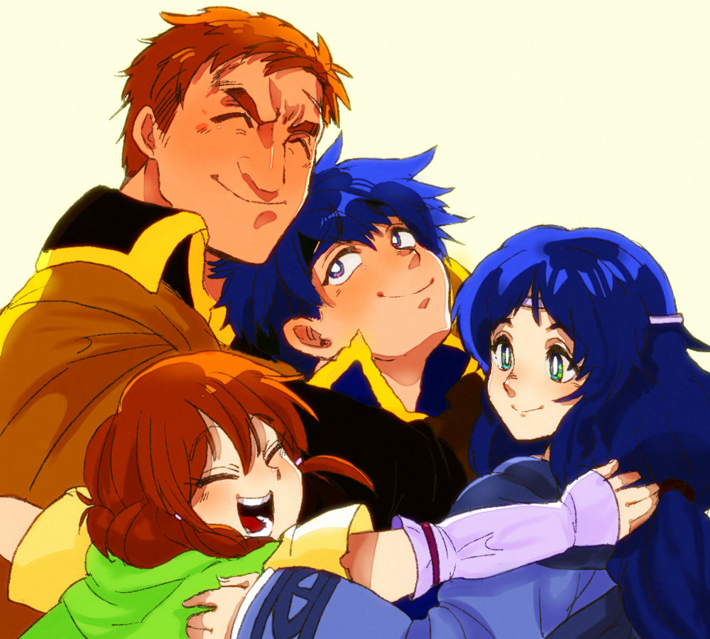 2boys, 2girls, blue_hair, brother_and_sister, brown_hair, circlet, closed_eyes, commentary_request