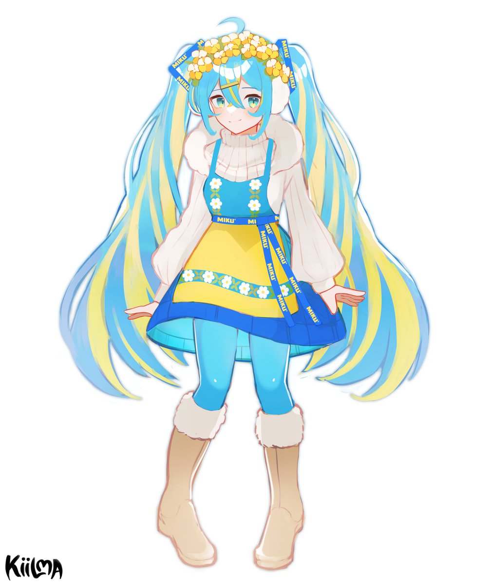1girl, ahoge, apron, aqua_eyes, aqua_hair, aqua_pantyhose, blonde_hair, boots, daisy, dress, english_commentary, floral_print, flower, full_body, fur-trimmed_footwear, fur_trim, hatsune_miku, head_wreath, highres, kiilmavt, long_sleeves, multicolored_hair, pantyhose, solo, streaked_hair, sverigedrakten, sweater, sweden, swedish_clothes, swedish_flag, turtleneck, twintails, two-tone_hair, utau, vocaloid, waist_apron, white_background, worldwide_miku