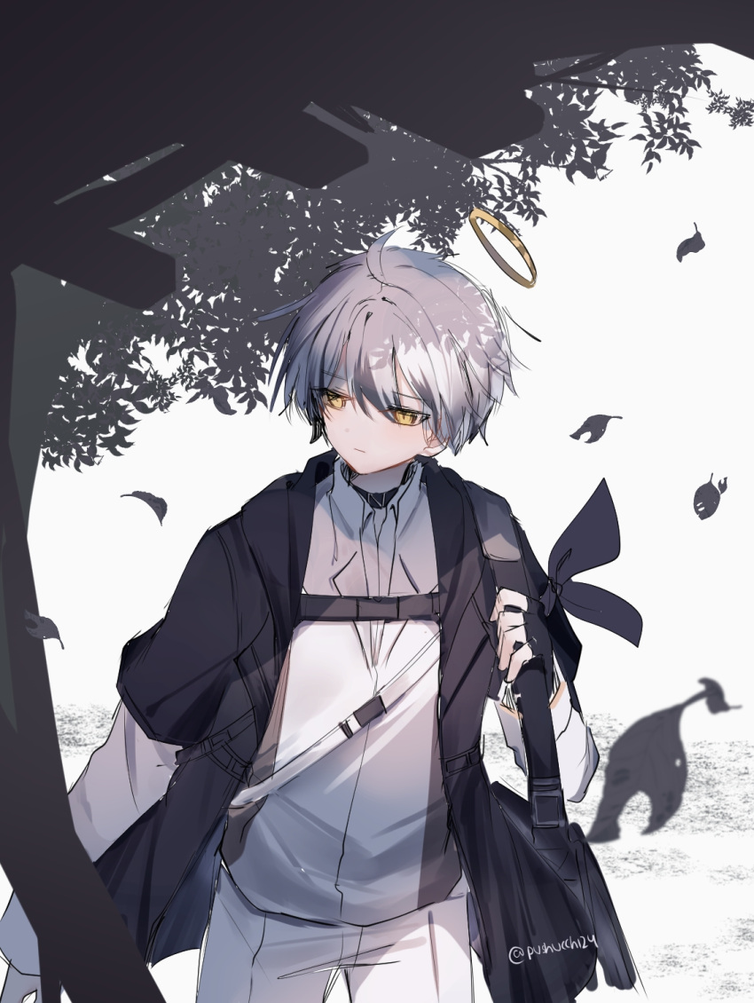 1boy, adnachiel_(arknights), arknights, arm_at_side, black_bag, black_gloves, black_jacket, commentary, cowboy_shot, english_commentary, falling_leaves, fingerless_gloves, frown, gloves, half-closed_eyes, halo, harness, highres, jacket, leaf, long_sleeves, looking_to_the_side, male_focus, open_clothes, open_jacket, outdoors, pushu, shirt, short_hair, sketch, solo, tree, twitter_username, white_hair, white_shirt, yellow_eyes