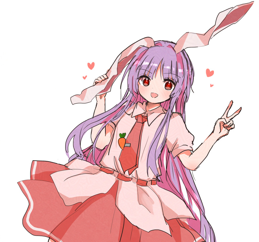 1girl, :d, absurdres, adversarial_noise, animal_ears, belt, carrot, collared_shirt, commentary_request, dutch_angle, hands_up, heart, highres, holding_ear, light_blush, long_hair, looking_at_viewer, necktie, open_mouth, pink_necktie, pink_skirt, puffy_short_sleeves, puffy_sleeves, purple_hair, rabbit_ears, red_eyes, reisen_udongein_inaba, shirt, short_sleeves, simple_background, sketch, skirt, smile, solo, standing, tie_clip, touhou, v, very_long_hair, white_background, white_shirt, zabuton_(mgdw5574)
