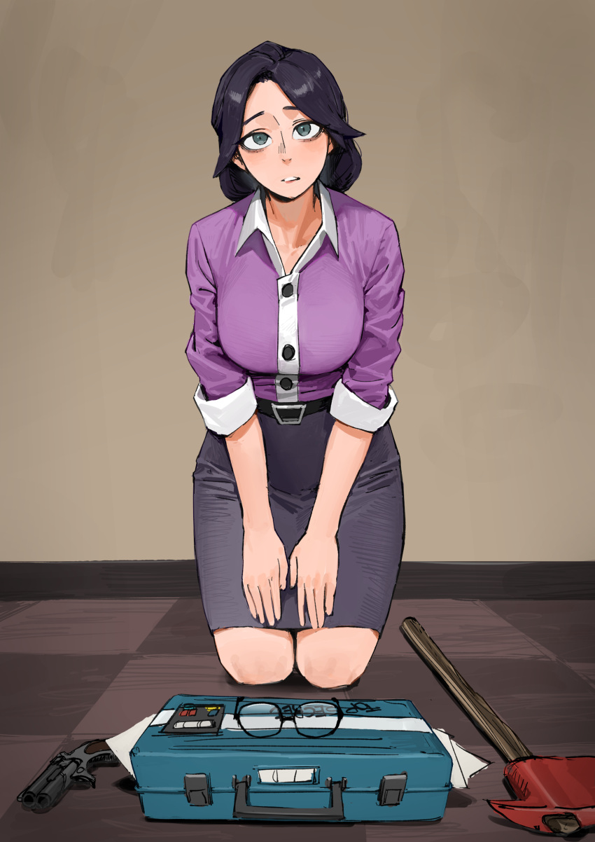 1girl, axe, black_hair, breasts, checkered_floor, commentary_request, fire_axe, full_body, glasses, grey_eyes, gun, handgun, highres, korean_commentary, large_breasts, medium_hair, medium_skirt, miss_pauling, no_eyewear, pencil_skirt, purple_shirt, seiza, shirt, sitting, skirt, sleeves_rolled_up, solo, suitcase, team_fortress_2, unworn_eyewear, weapon, yangmal_jelly