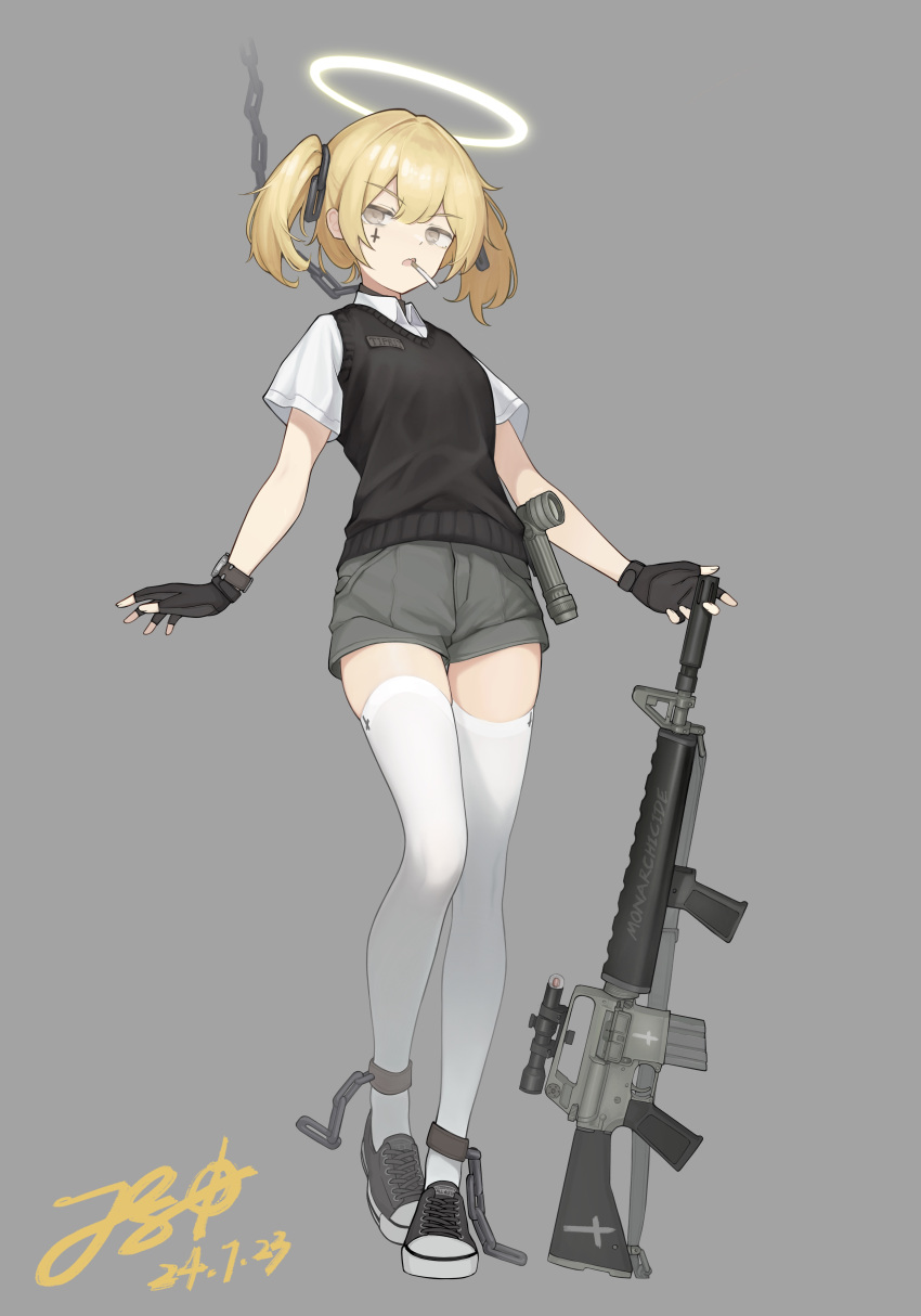 1girl, absurdres, assault_rifle, black_footwear, black_gloves, black_sweater_vest, blonde_hair, brown_eyes