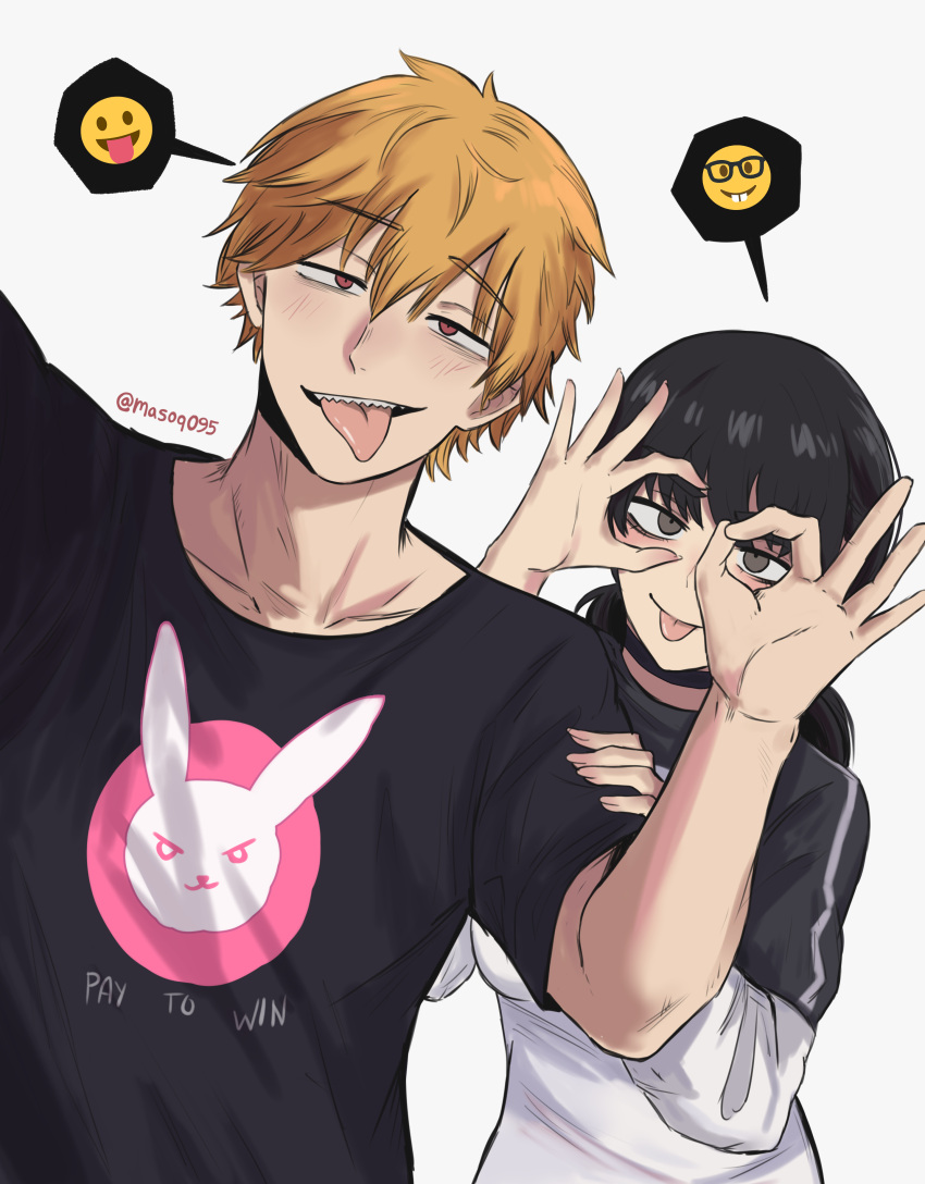 1boy, 1girl, absurdres, animal_print, black_hair, black_shirt, blonde_hair, chainsaw_man