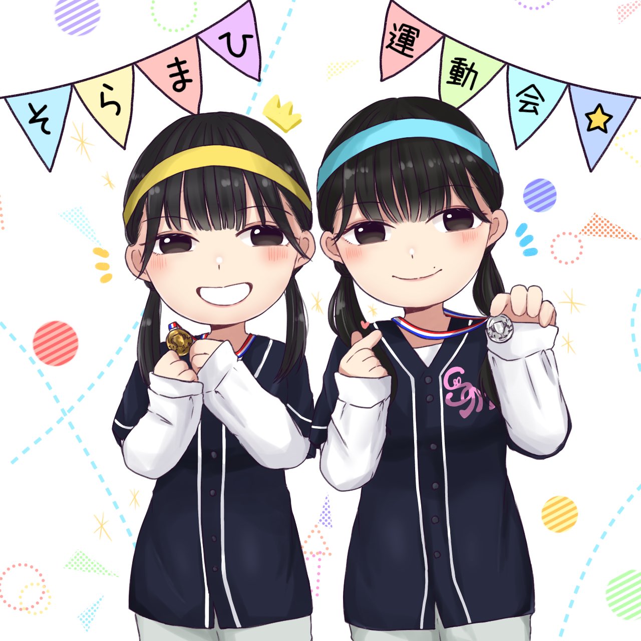 2girls, :d, actor, black_hair, black_shirt, blue_headband, blush, brown_eyes