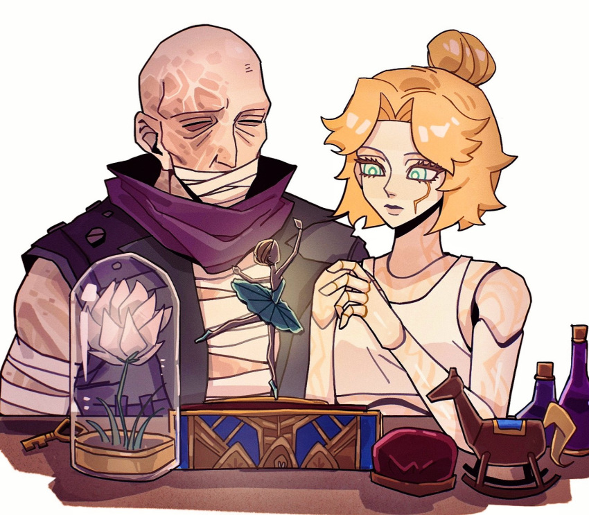 1boy, 1girl, arcane:_league_of_legends, bald, bambooshoottt, bandages, bare_shoulders, blonde_hair