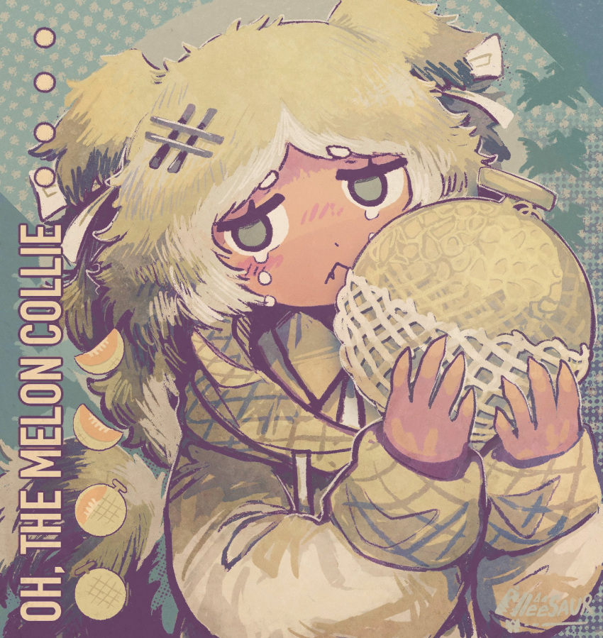 1girl, :<, alleesaur, animal_ears, claws, crying, crying_with_eyes_open, dog_ears, dog_girl, dog_tail, english_commentary, english_text, fang, fang_out, food, fruit, green_background, green_eyes, green_hair, green_theme, highres, holding, holding_food, holding_fruit, honeydew_(fruit), jacket, long_hair, looking_at_viewer, melon, original, pun, solo, tail, tears, upper_body, yellow_jacket