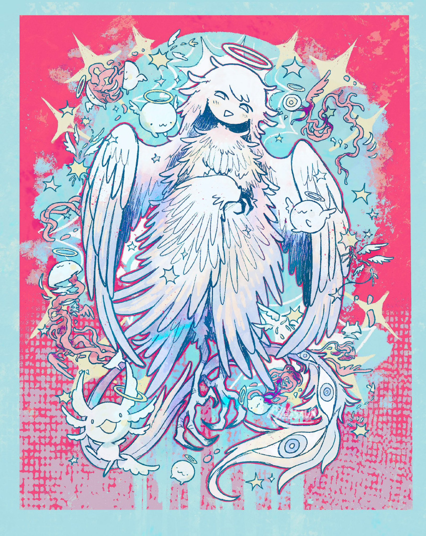 1girl, alleesaur, angel, angel_wings, animal_feet, animal_hands, bird_legs, blue_background