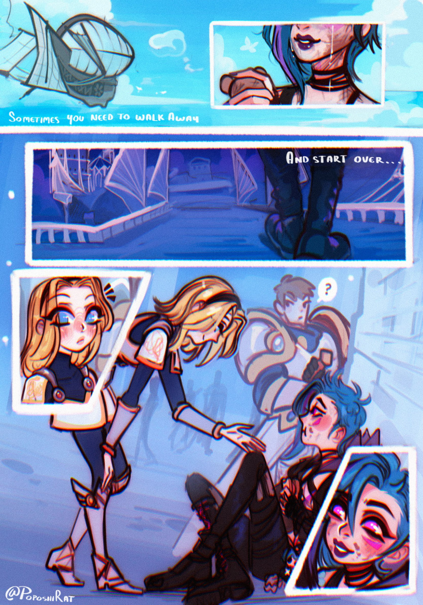 2girls, alternate_costume, arcane:_league_of_legends, arcane_jinx, armor, blonde_hair, blue_eyes, blush