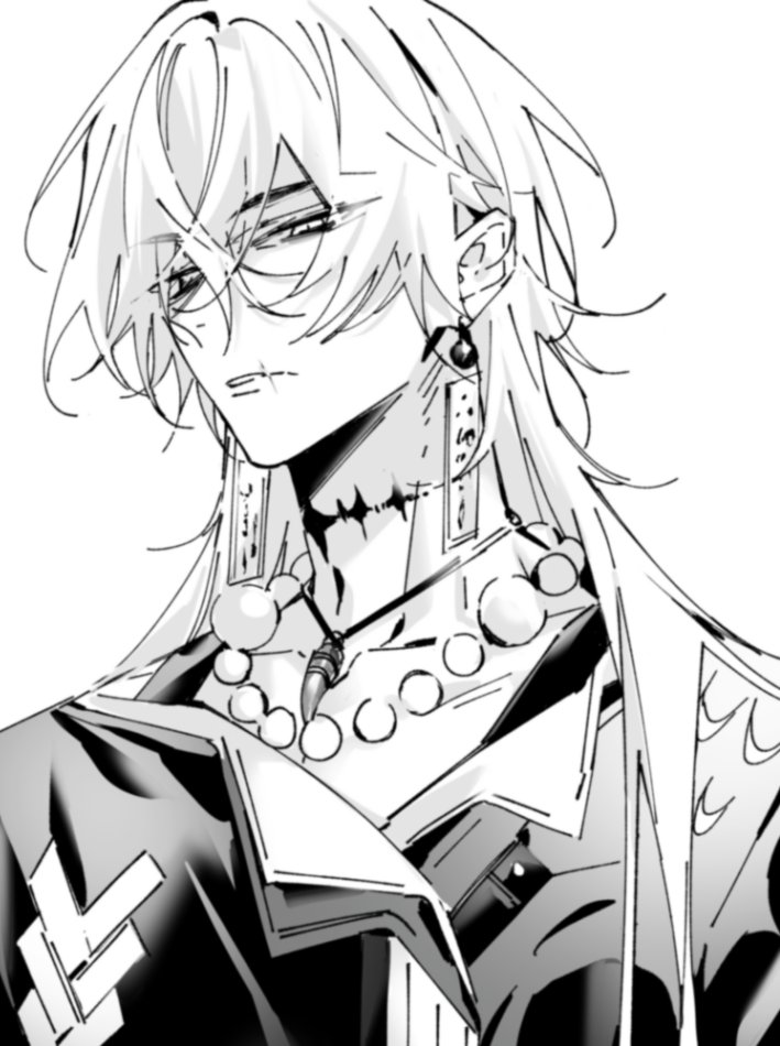 1boy, bead_necklace, beads, commentary, dlckrpwjd111, earrings, expressionless, geshulin_(wuthering_waves)