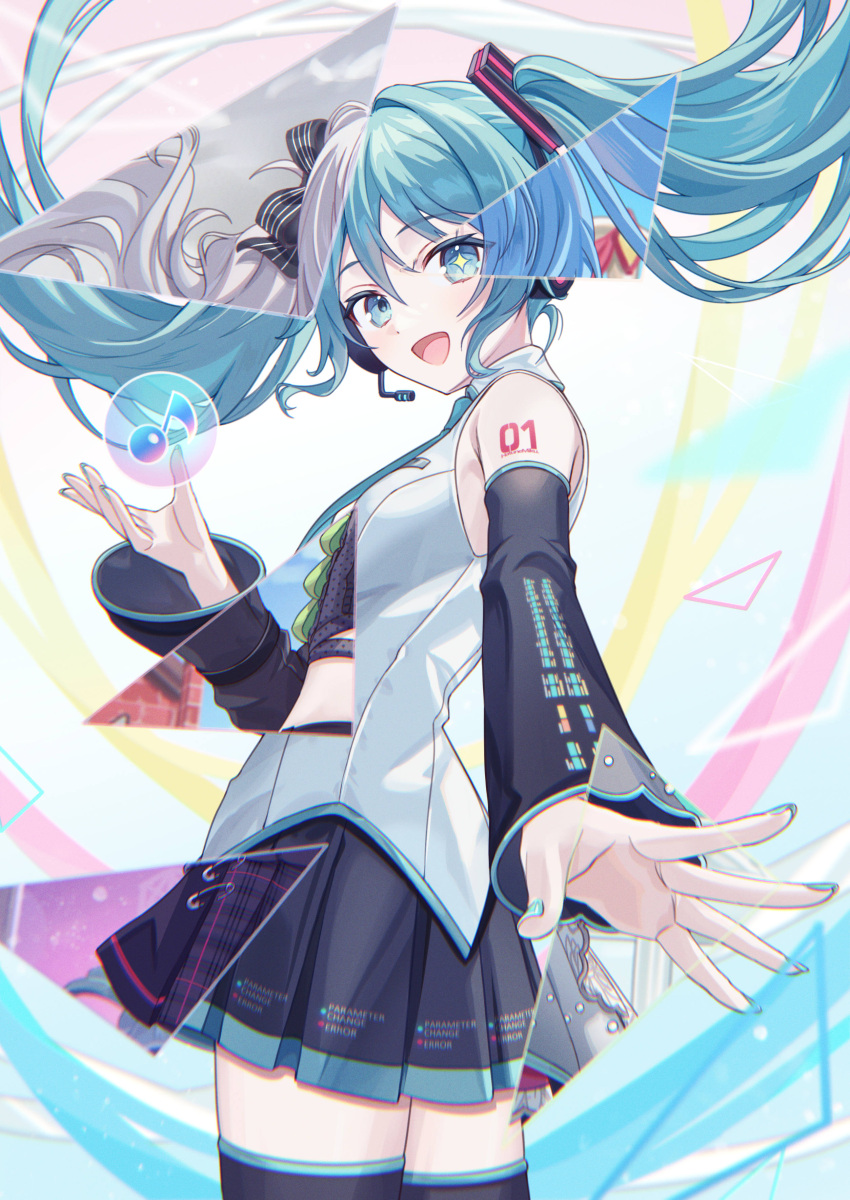 1girl, 25-ji_miku, absurdres, anniversary, black_skirt, black_sleeves, black_thighhighs, blue_sky, collared_shirt, commentary, detached_sleeves, gacha_(game_mechanic), green_eyes, green_hair, green_nails, green_necktie, hair_ornament, hatsune_miku, headphones, highres, leo/need_miku, long_hair, looking_at_viewer, looking_back, more_more_jump!_miku, musical_note, necktie, open_mouth, plaid_clothes, plaid_skirt, project_sekai, revision, shirt, skirt, sky, sleeveless, sleeveless_shirt, smile, solo, thigh-highs, twintails, vivid_bad_squad_miku, vocaloid, vs0mr, white_shirt, wonderlands_x_showtime_miku