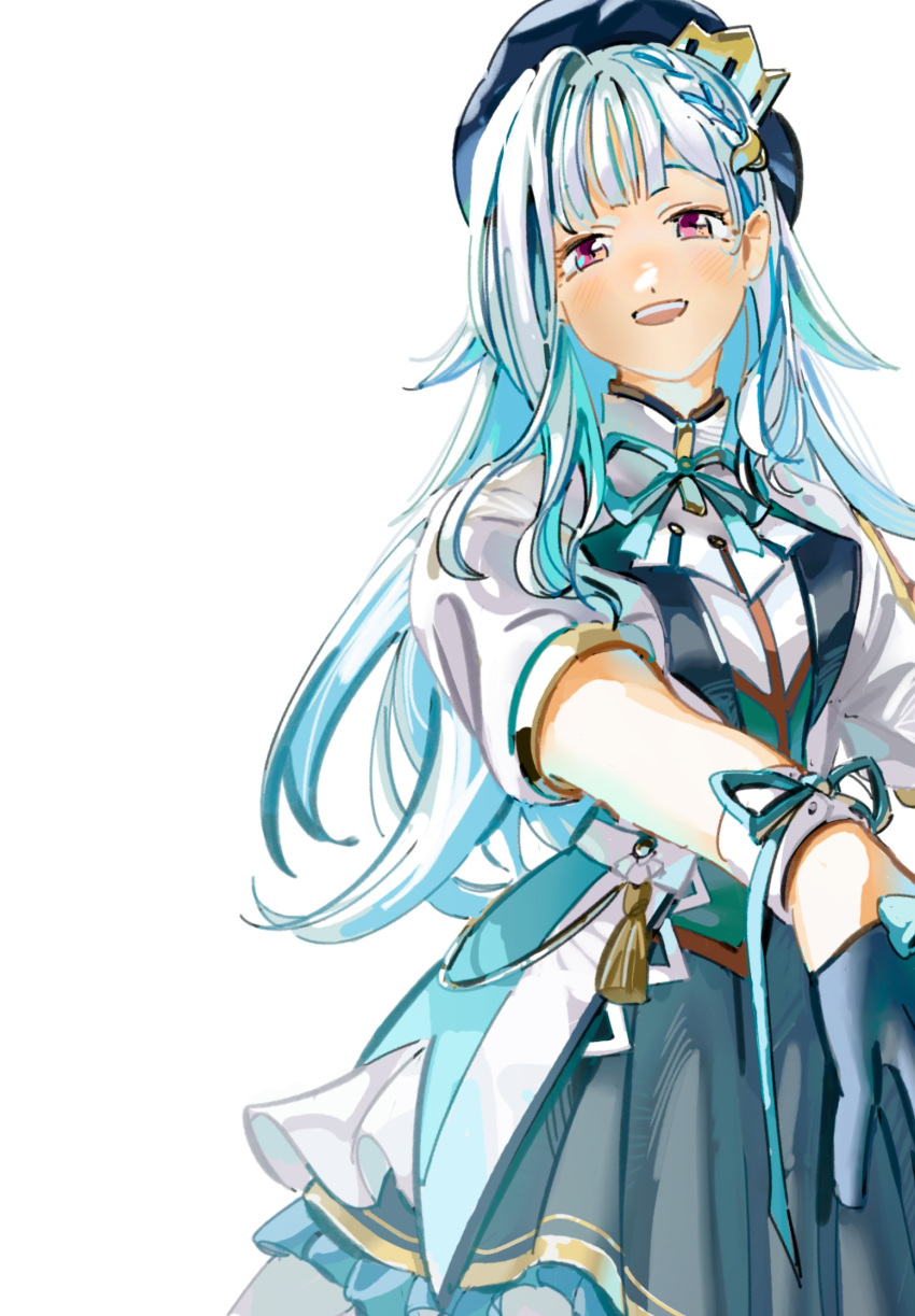 1girl, aqua_ribbon, blue_gloves, blue_hair, blue_hat, blue_skirt, blush, braid
