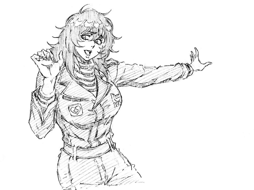 1girl, anya_(mouthwashing), belt, breasts, greyscale, hair_between_eyes, jumpsuit, kubo_tite_(style)