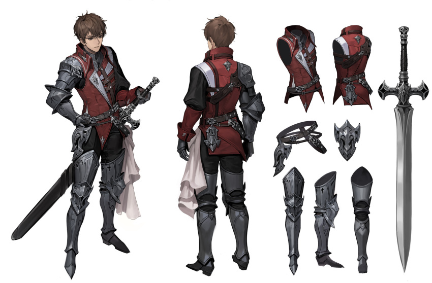 1boy, armor, armored_boots, belt, boots, brown_belt, brown_eyes, brown_hair