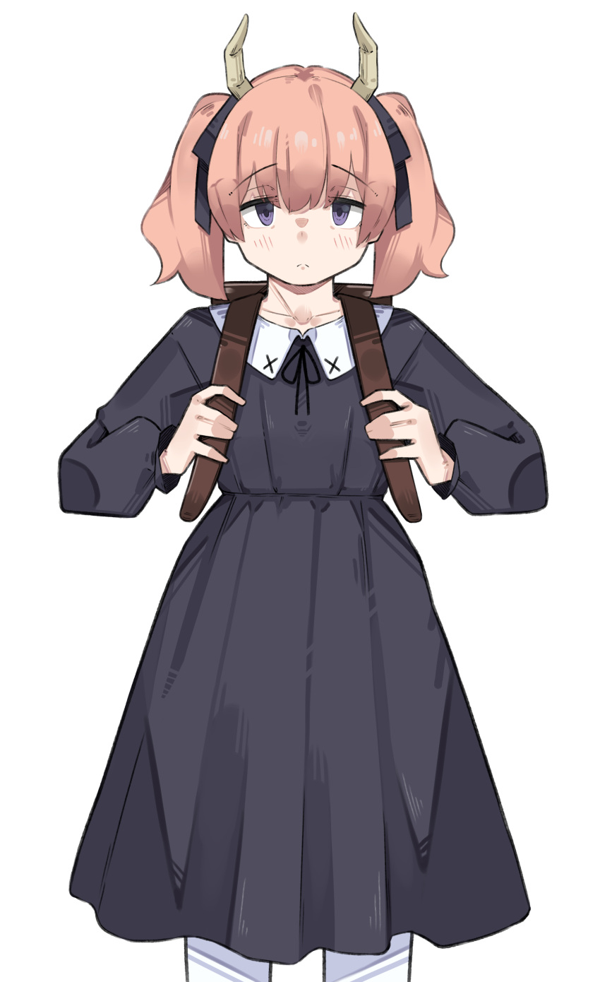1girl, absurdres, backpack, bag, black_dress, black_ribbon, blush, brown_bag