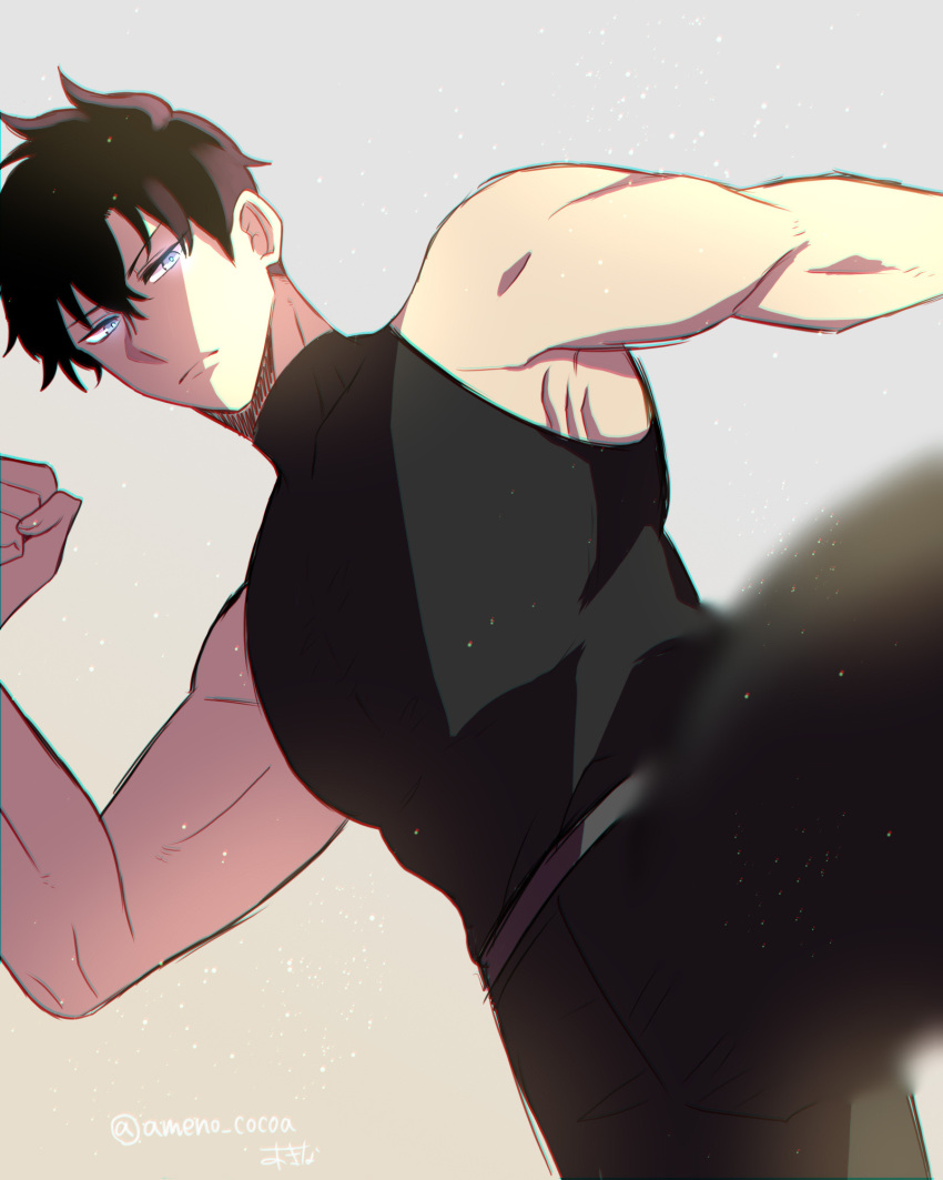 1boy, akina_(user_htkx7587), black_hair, black_pants, black_shirt, bloom, chromatic_aberration, clenched_hand