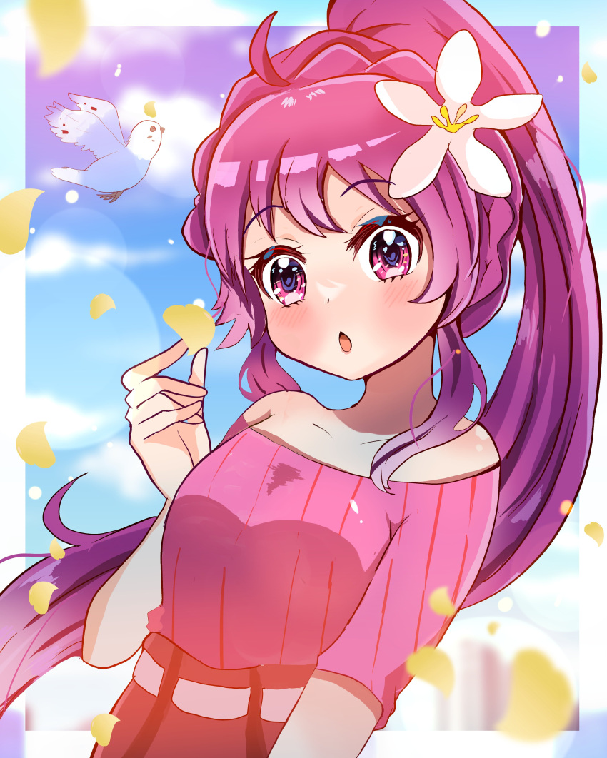 1girl, :o, absurdres, ahoge, animal, bare_shoulders, bird, blue_sky