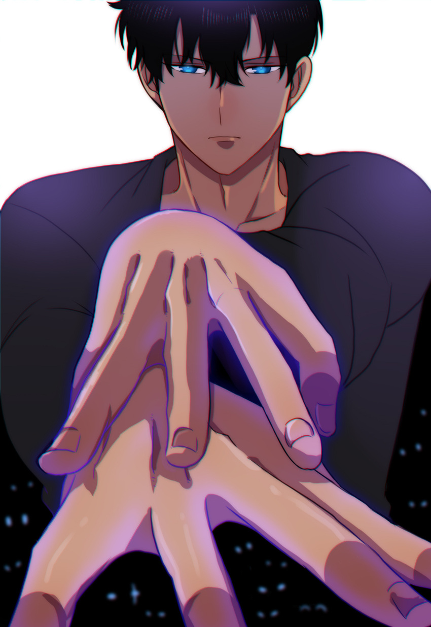 1boy, 6+others, akina_(user_htkx7587), aura, black_hair, black_shirt, bloom, blue_eyes