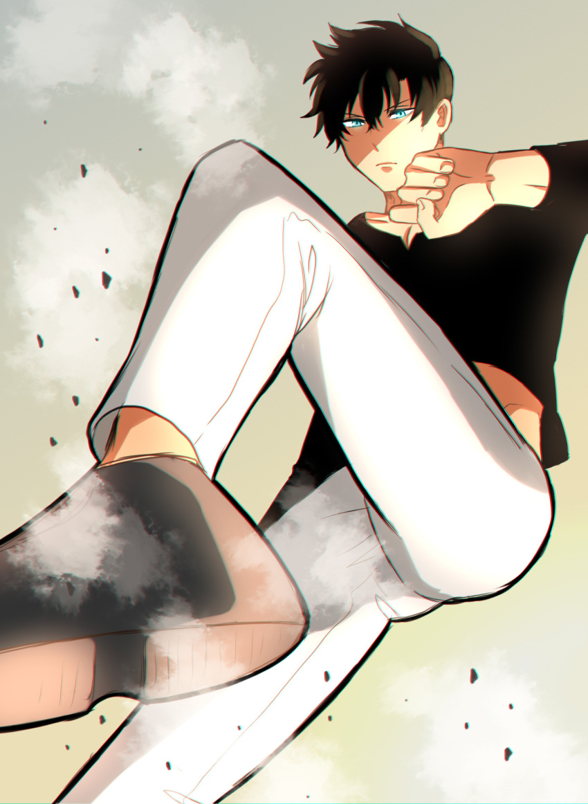 1boy, akina_(user_htkx7587), ass, black_hair, black_shirt, blue_eyes, chromatic_aberration, clenched_hand