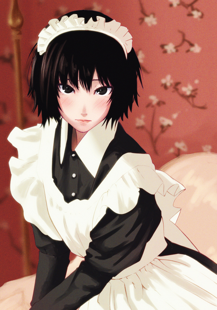 1girl, absurdres, alternate_costume, amagami, apron, bed, bedroom, black_dress