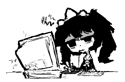 1girl, ashley_(warioware), bags_under_eyes, brooch, closed_mouth, commentary, computer, computer_keyboard