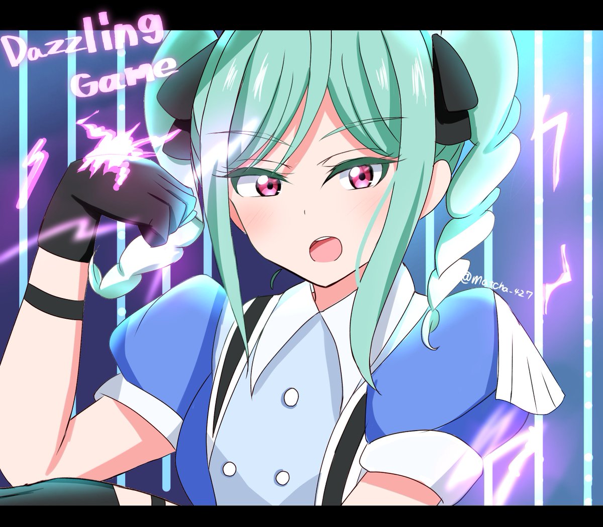 1girl, aqua_hair, arm_up, black_gloves, blue_dress, braid, braided_twintails, buttons