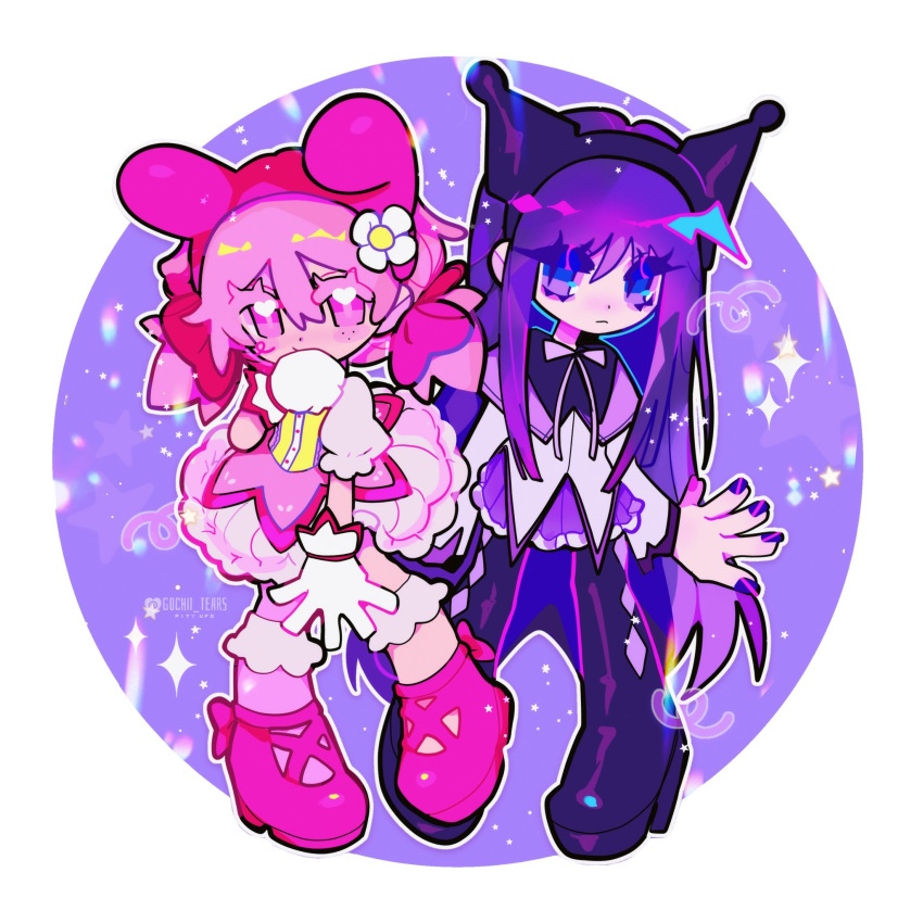 2girls, akemi_homura, akemi_homura_(magical_girl), animal_ears, animal_hat, argyle_clothes, argyle_footwear, bow, bubble_skirt, character_hood, chibi, circle, closed_mouth, color_coordination, commentary, cosplay, covering_own_mouth, dress, fake_animal_ears, flower, frown, full_body, gloves, gochii_tears, hair_flower, hair_ornament, hand_over_own_mouth, hat, heart, heart_in_eye, highres, kaname_madoka, kaname_madoka_(magical_girl), kuromi, kuromi_(cosplay), long_hair, long_sleeves, looking_at_viewer, low_twintails, magical_girl, mahou_shoujo_madoka_magica, mahou_shoujo_madoka_magica_(anime), multiple_girls, multiple_monochrome, my_melody, my_melody_(cosplay), onegai_my_melody, outline, pink_bow, pink_eyes, pink_footwear, pink_hair, puffy_short_sleeves, puffy_sleeves, purple_background, purple_hair, purple_nails, rabbit_hat, sanrio, short_hair, short_sleeves, short_twintails, simple_background, skirt, symbol-only_commentary, symbol_in_eye, twintails, very_long_hair, violet_eyes, white_flower, white_gloves, white_outline
