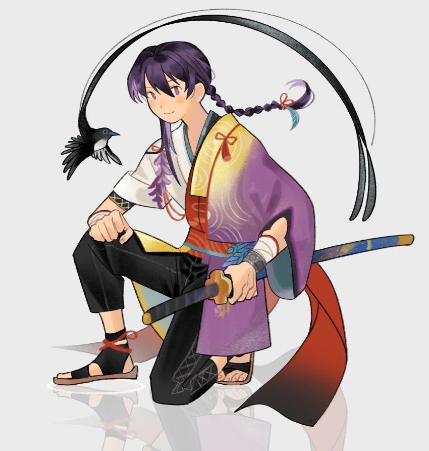 1boy, arm_on_own_leg, arm_support, bird, black_bird, black_pants, blue_feathers, blush_stickers, braid, braided_ponytail, capri_pants, dekopoko, ensemble_stars!, faux_traditional_media, feathers, flower, full_body, grey_background, hair_ribbon, highres, holding, holding_sword, holding_weapon, japanese_clothes, kanzaki_souma, kimono, looking_at_viewer, male_focus, official_alternate_costume, official_alternate_hairstyle, on_one_knee, pants, purple_flower, purple_hair, purple_kimono, red_ribbon, red_sash, reflection, ribbon, ripples, sandals, sash, scabbard, sheath, sheathed, short_kimono, silver_bracelet, single_sidelock, smile, solo, sword, tassel, tasuki, v-shaped_eyebrows, violet_eyes, weapon, wide_sleeves, wisteria, wrist_wrap