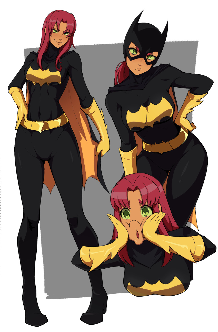 1girl, absurdres, batman, batman_(cosplay), batman_(series), batman_symbol, belt, black_bodysuit, bodysuit, breasts, cape, colored_sclera, colored_skin, cosplay, dc_comics, english_commentary, face_squeeze, frown, full_body, gloves, green_sclera, hand_on_own_hip, hands_on_own_face, highres, kekel, long_hair, looking_at_viewer, mask, multiple_views, orange_skin, puckered_lips, redhead, smile, starfire, superhero_costume, tamaranean, teen_titans, teen_titans_(tv_series), utility_belt, yellow_gloves