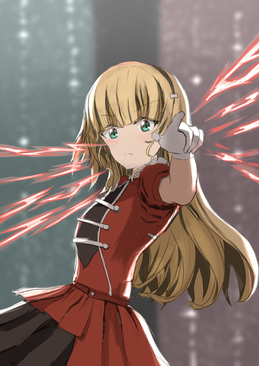 1girl, arm_up, black_hairband, blonde_hair, blunt_bangs, blurry, blurry_background, bow