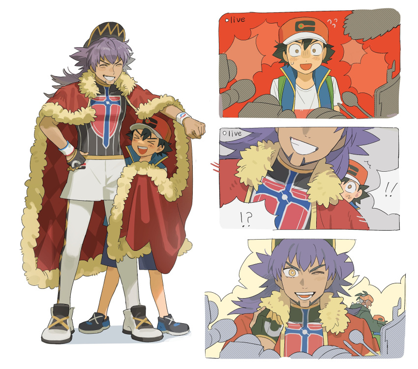 !, !!, !?, 3boys, ash_ketchum, baseball_cap, black_hair, black_hat