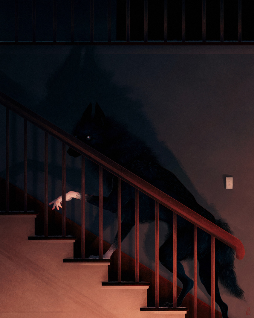 animal, black_dog, black_fur, blank_eyes, colored_extremities, commentary, dappermouth, dark, dim_lighting, english_commentary, film_grain, from_side, hand_focus, highres, horror_(theme), indoors, light_switch, looking_at_viewer, monster, night, no_humans, no_pupils, original, railing, realistic, shadow, stairs, standing, surreal, white_eyes