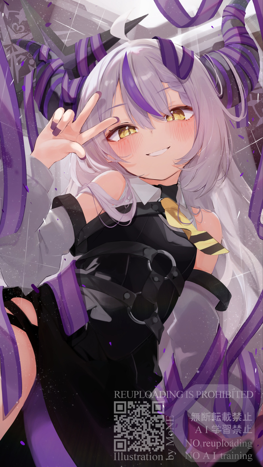 1girl, absurdres, ahoge, ascot, black_dress, black_horns, blush, breasts
