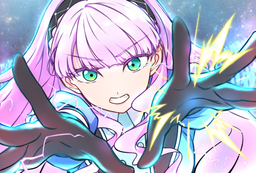 1girl, black_gloves, black_hairband, blue_dress, blunt_bangs, clenched_teeth, commentary_request, dazzling_game, dress, electricity, electrokinesis, enpara_chiba, gloves, green_eyes, hairband, highres, long_hair, looking_at_viewer, love_live!, love_live!_superstar!!, official_alternate_costume, open_hands, puffy_short_sleeves, puffy_sleeves, purple_hair, short_sleeves, solo, teeth, upper_body, v-shaped_eyebrows, wavy_hair, wien_margarete